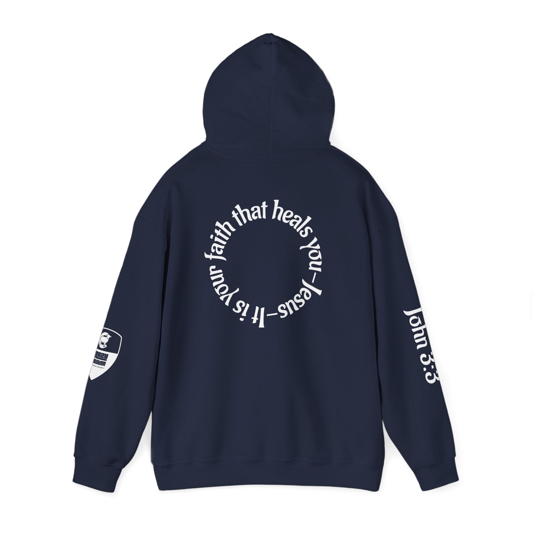 Faith Heals Hoodie – John 3:3 Christian Pullover with Scripture Circle Back Design