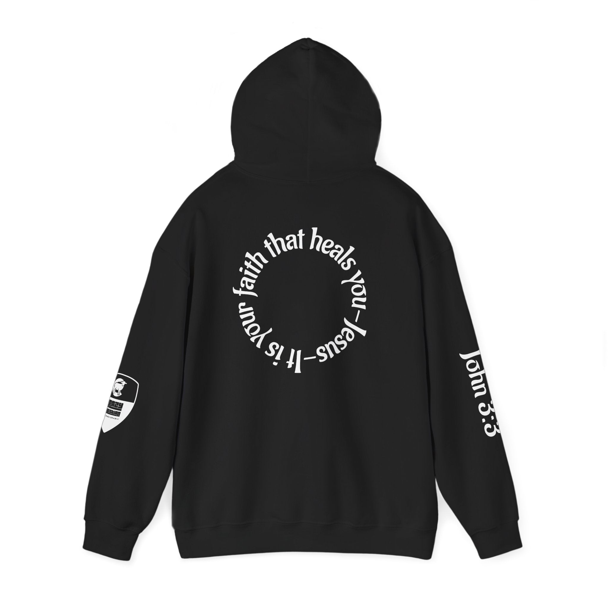 Faith Heals Hoodie – John 3:3 Christian Pullover with Scripture Circle Back Design