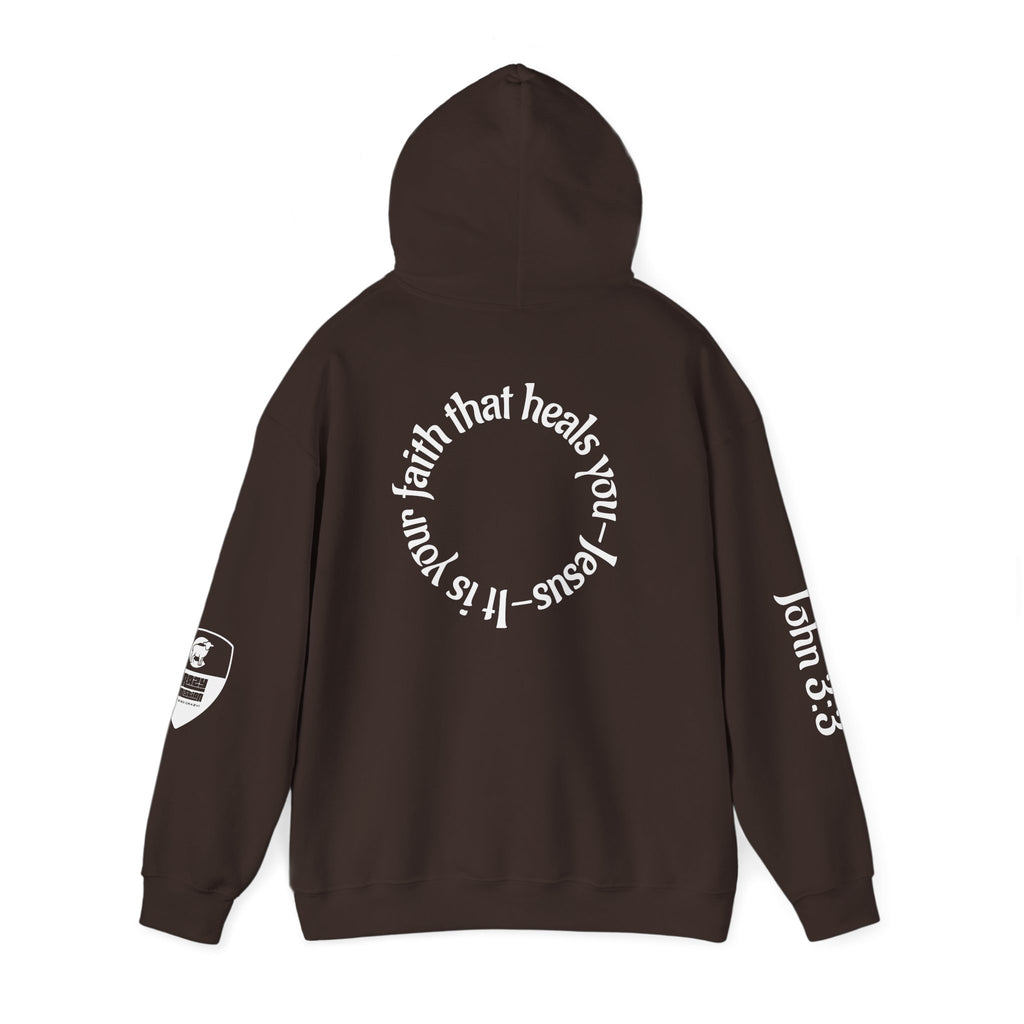 Faith Heals Hoodie – John 3:3 Christian Pullover with Scripture Circle Back Design