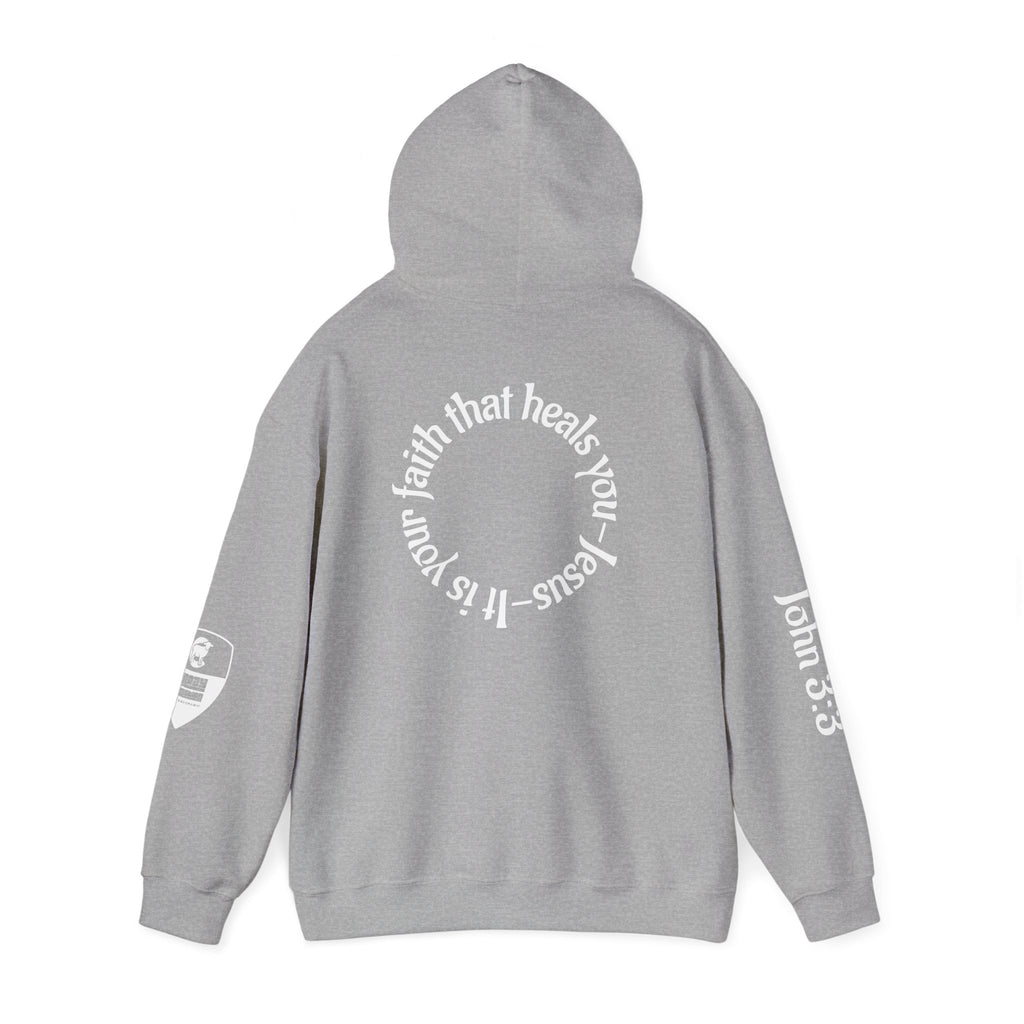 Faith Heals Hoodie – John 3:3 Christian Pullover with Scripture Circle Back Design