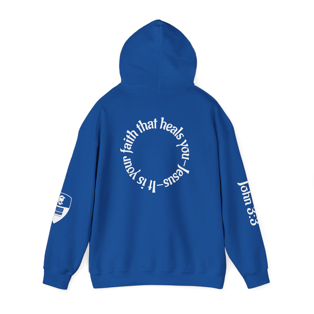 Faith Heals Hoodie – John 3:3 Christian Pullover with Scripture Circle Back Design